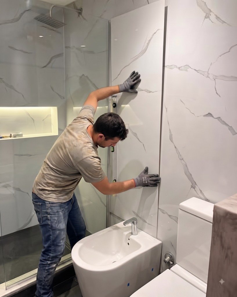 Colocación con adhesivos premium y nivel láser